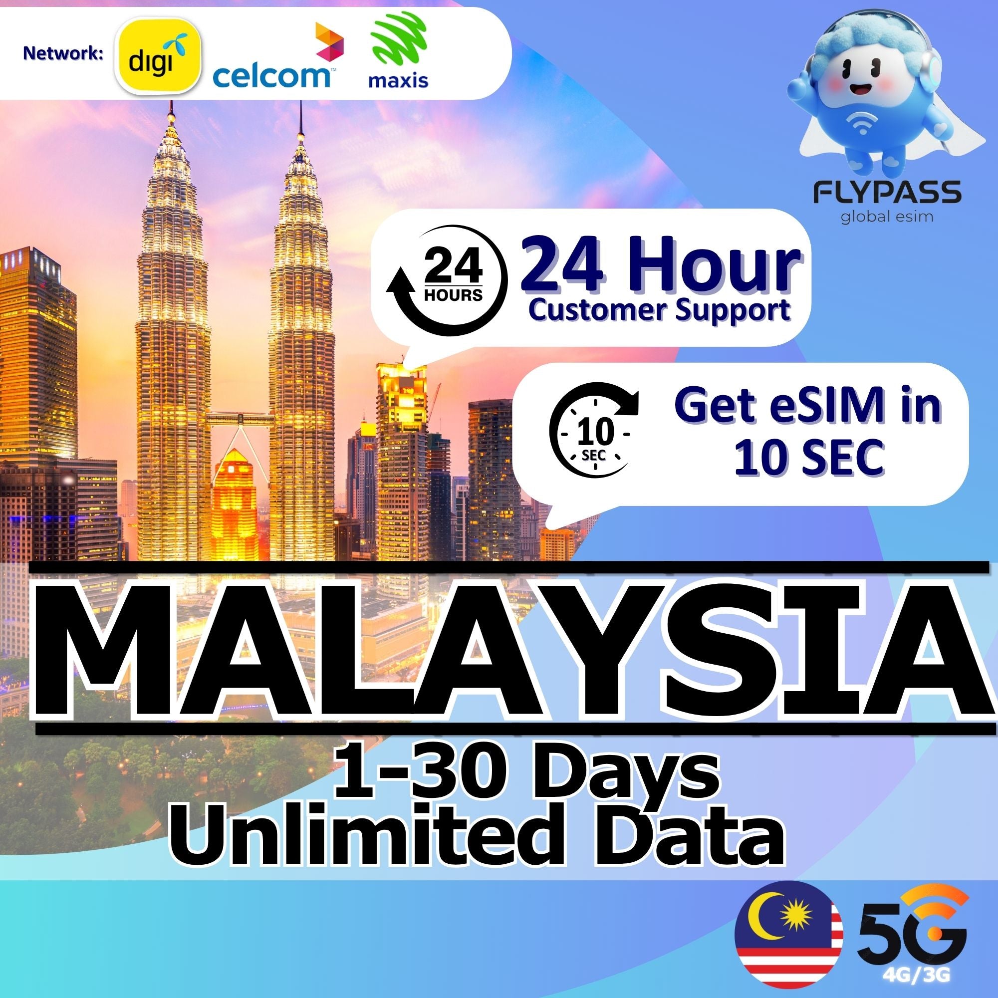 Malaysia eSIM 1-30 Days Unlimited Data丨Daily Data Plan丨Total Data Plan