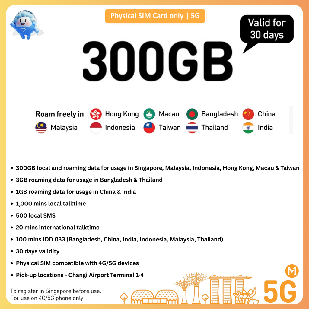 Singapore SIM Card with EZ-Link Transport Card  M1 300GB/100GB SIM Card with EZ-Link Transport Card Option: SG Airport