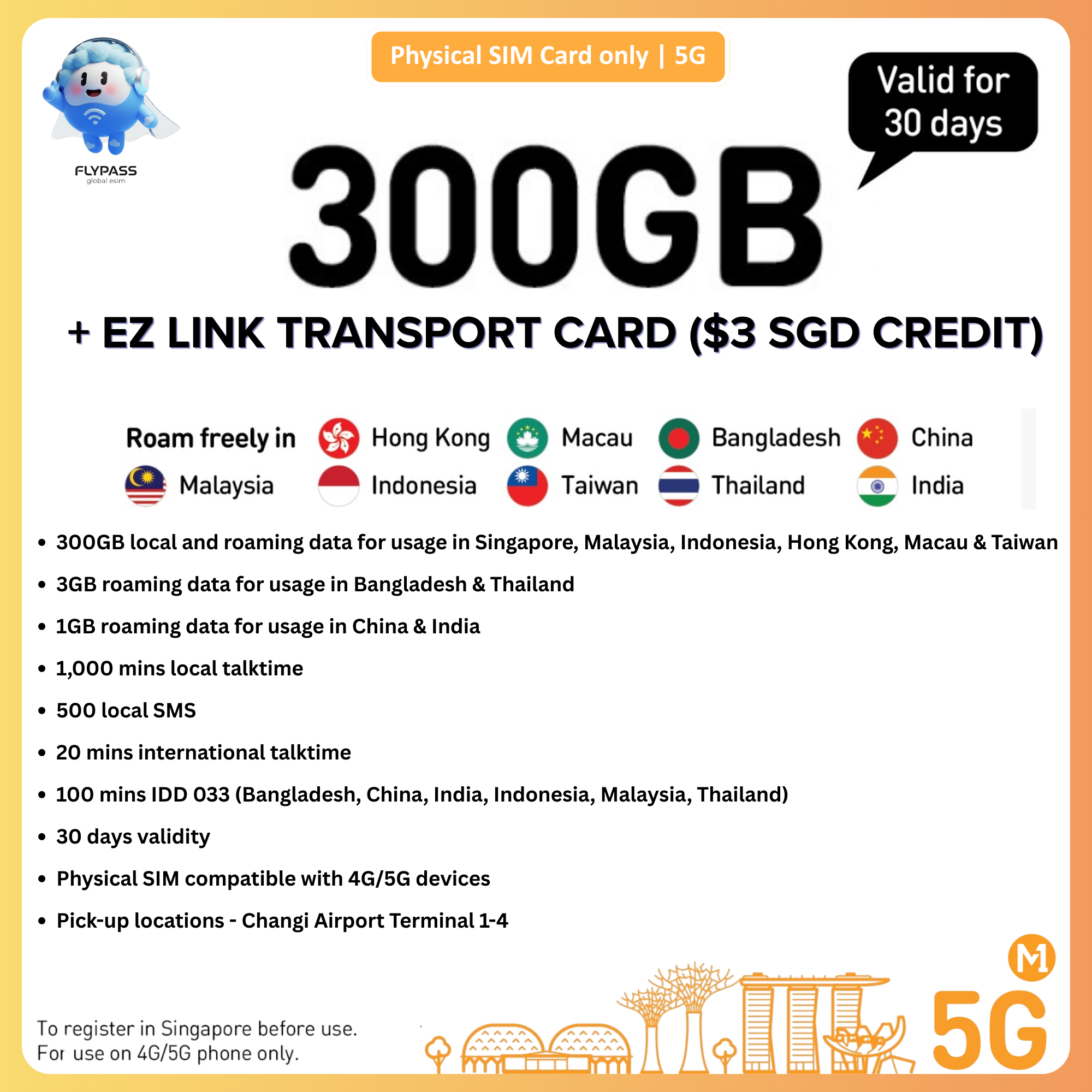 Singapore SIM Card with EZ-Link Transport Card  M1 300GB/100GB SIM Card with EZ-Link Transport Card Option: SG Airport