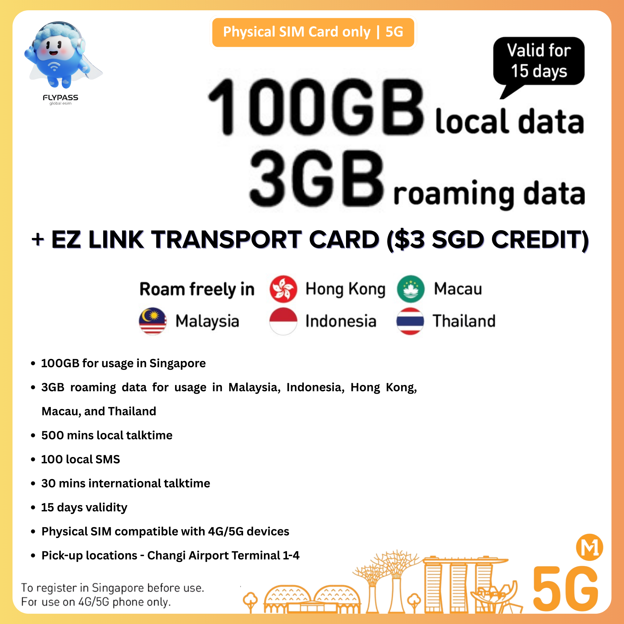 Singapore SIM Card with EZ-Link Transport Card  M1 300GB/100GB SIM Card with EZ-Link Transport Card Option: SG Airport